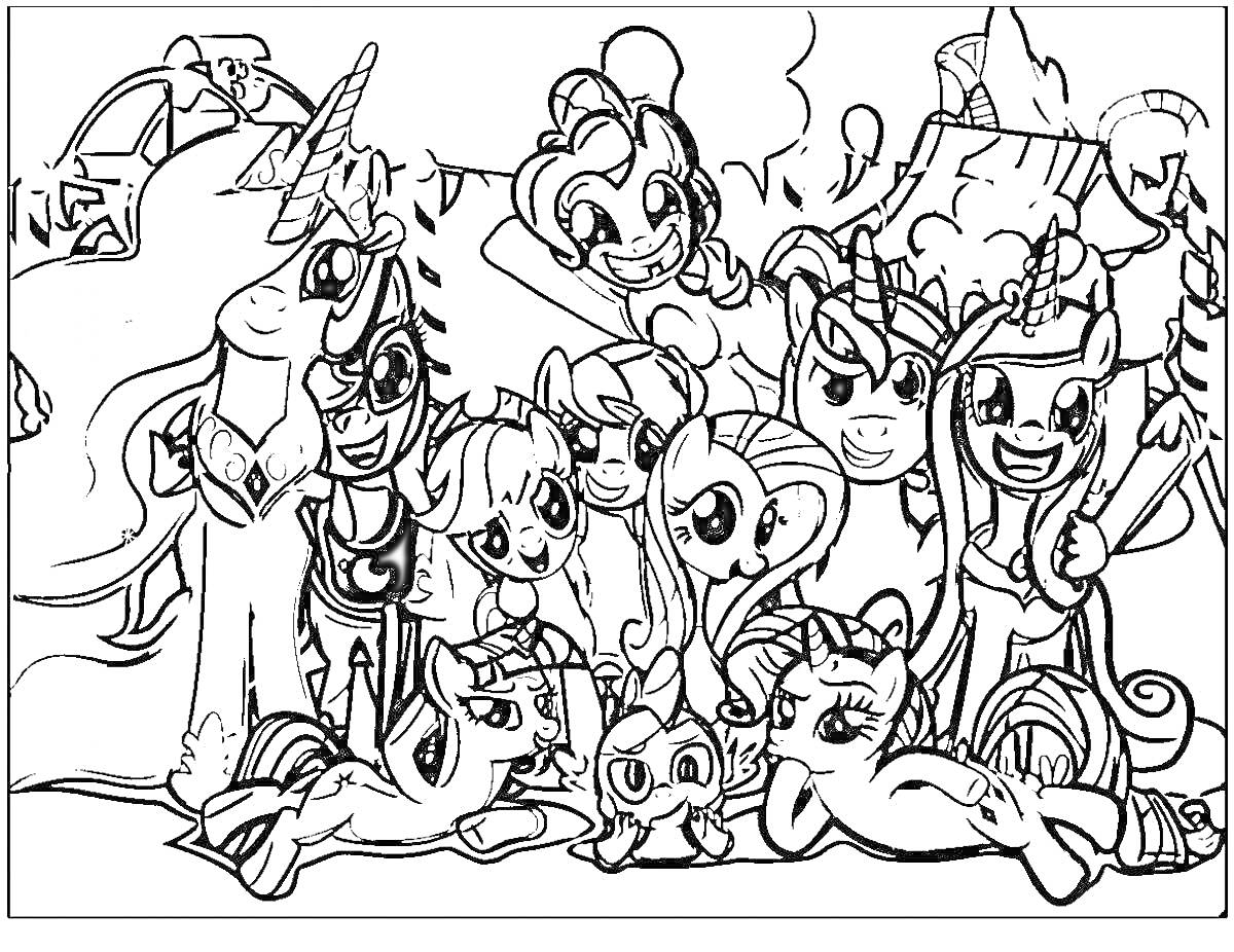 На раскраске изображено: Май литл пони, Пони, Замок, Природа, Дружба, Магия