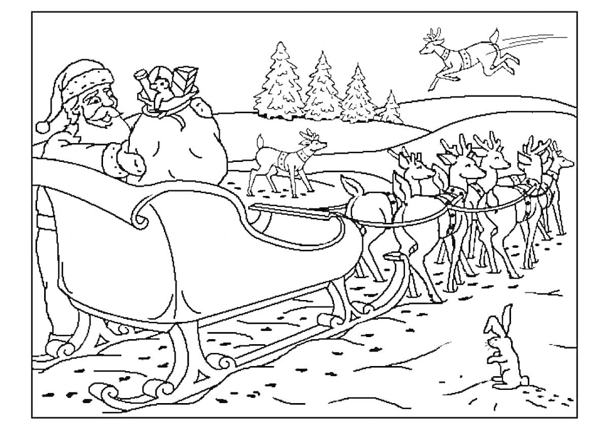 Раскраска Санта Клаус с мешком подарков в санках, запряженных оленями, зимняя сцена с елками и зайцем