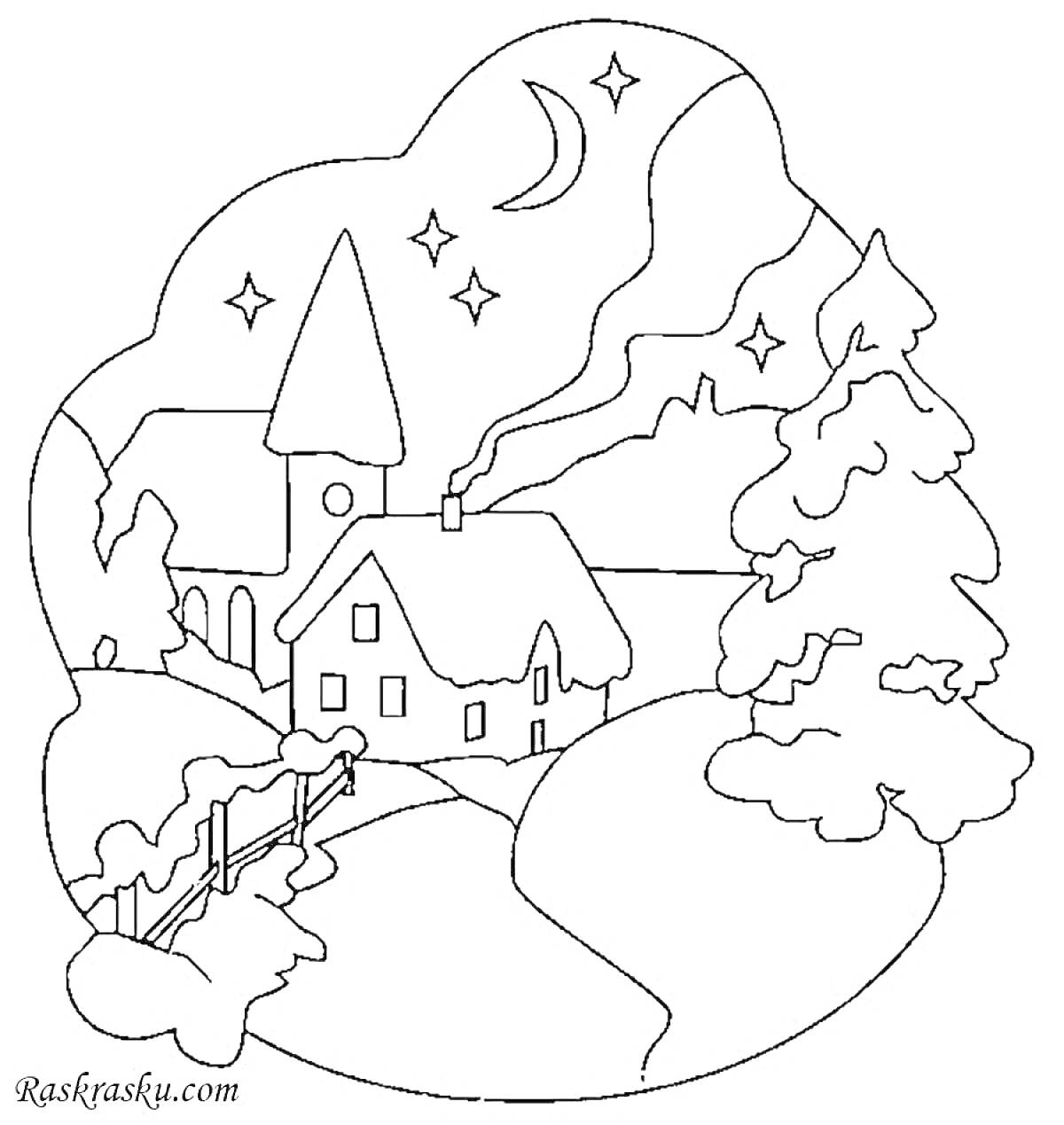 Раскраска Деревня зимой с домами, церковью, елью, забором, дорогой, звездами и месяцем на ночном небе