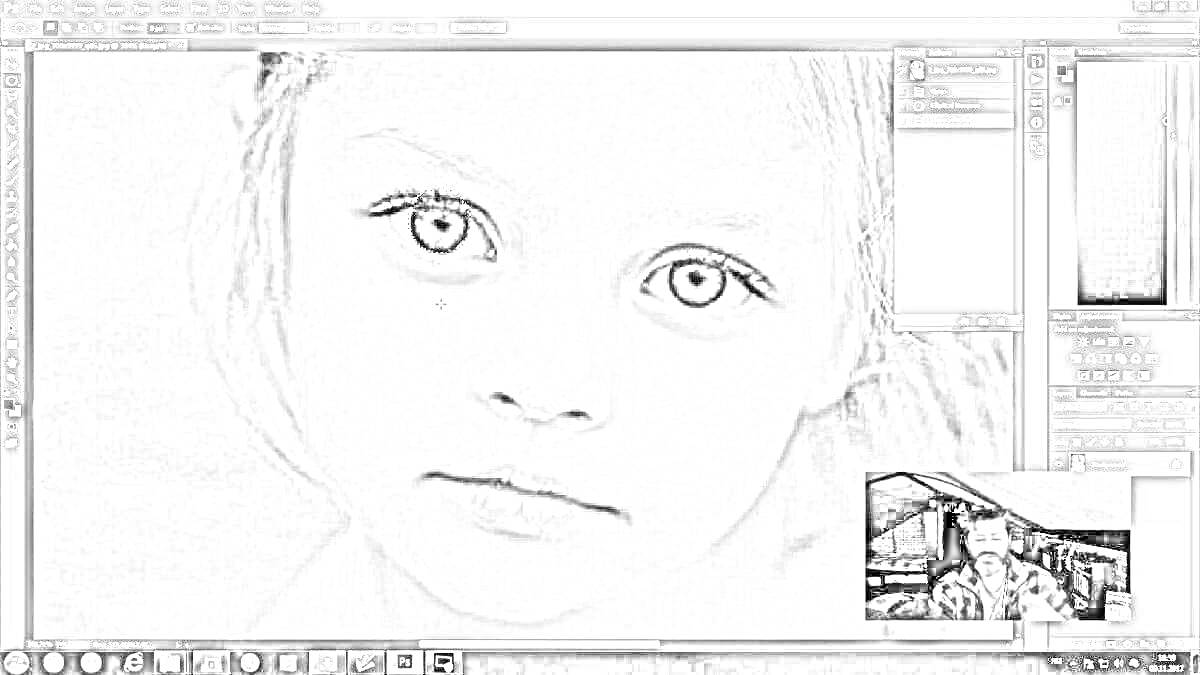 Раскраска Фото редактор с черно-белым фото девочки крупным планом и маленьким окном с изображением мужчины