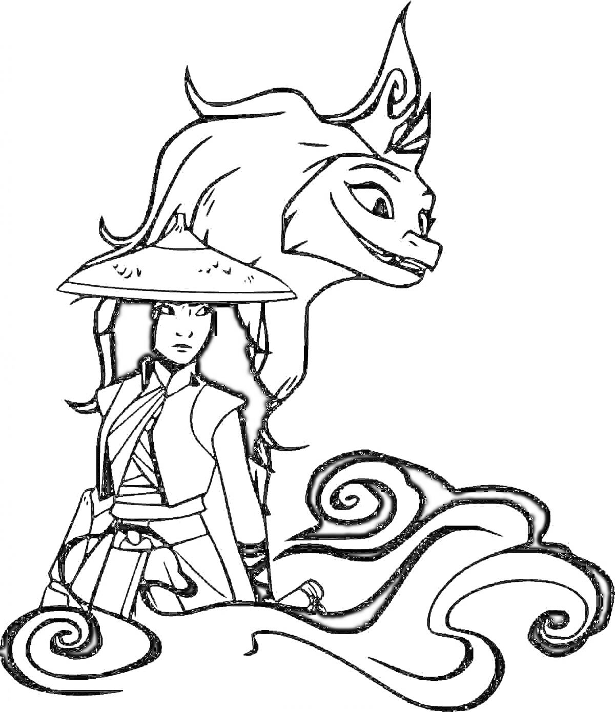 Раскраска Девушка с шляпой и дракон в облаках