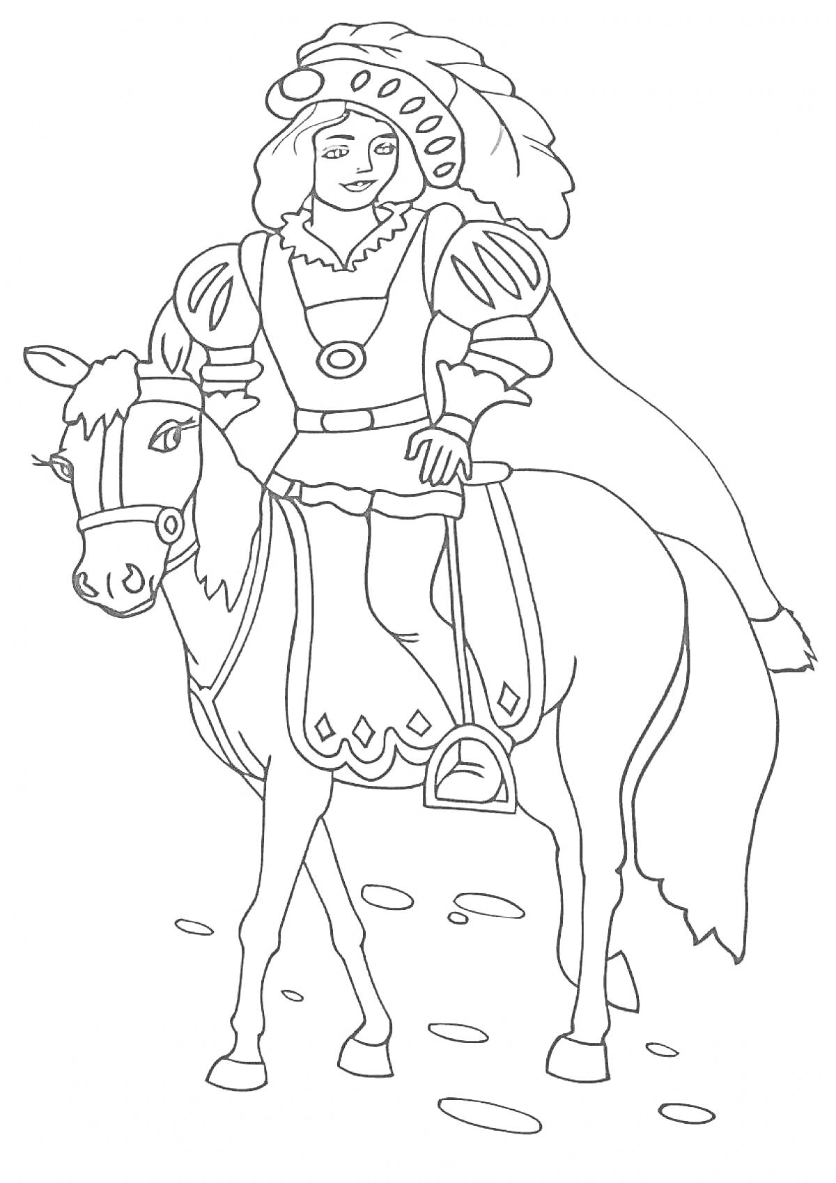 Раскраска Всадник в средневековой одежде верхом на лошади