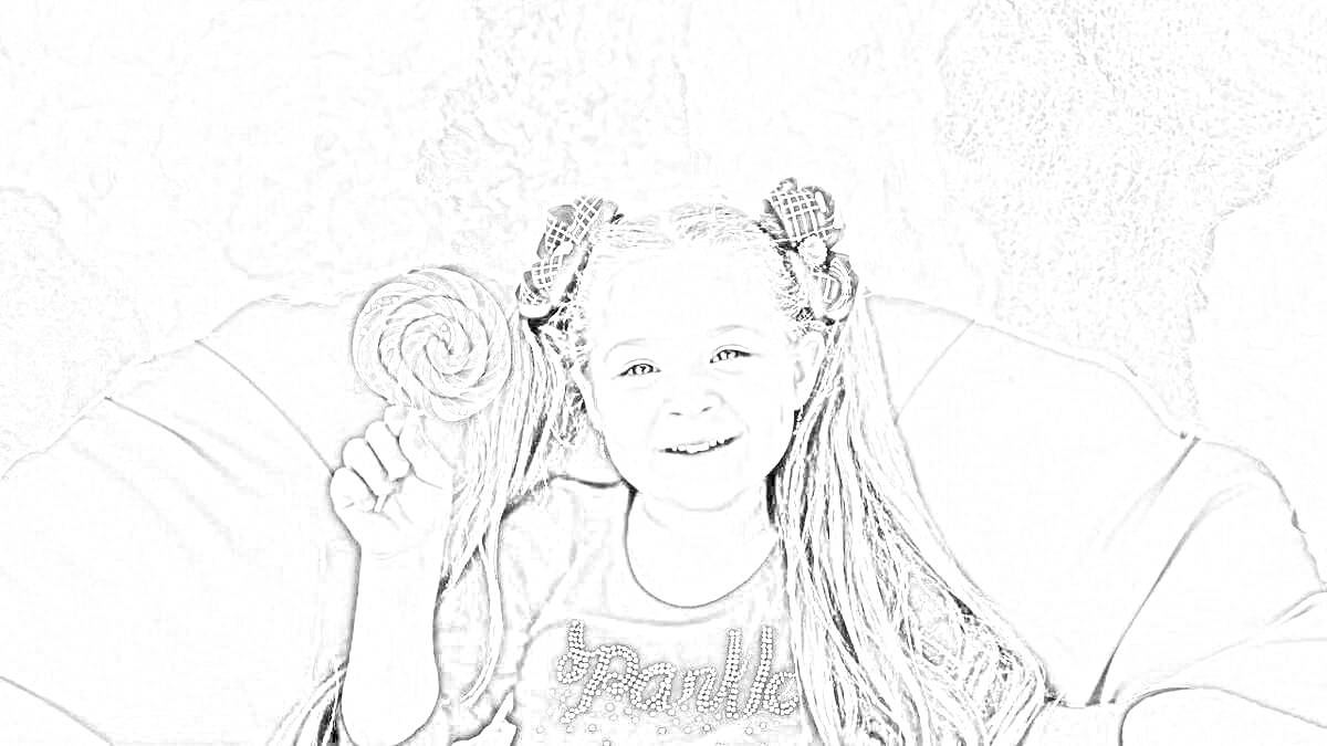 Раскраска Девочка с длинными волосами, держащая леденец на палочке, сидящая на большом кресле