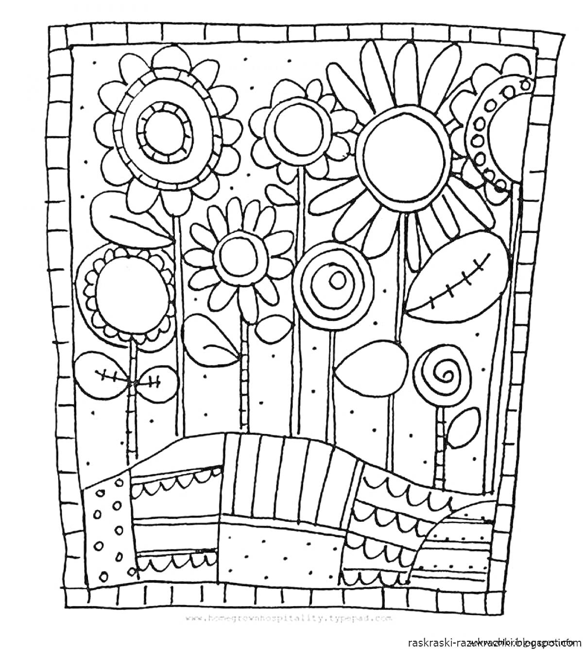 Раскраска цветочная поляна с узорами и абстрактными цветами
