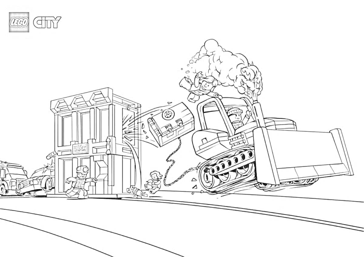 Раскраска Строительная сцена лего города с экскаватором и домом