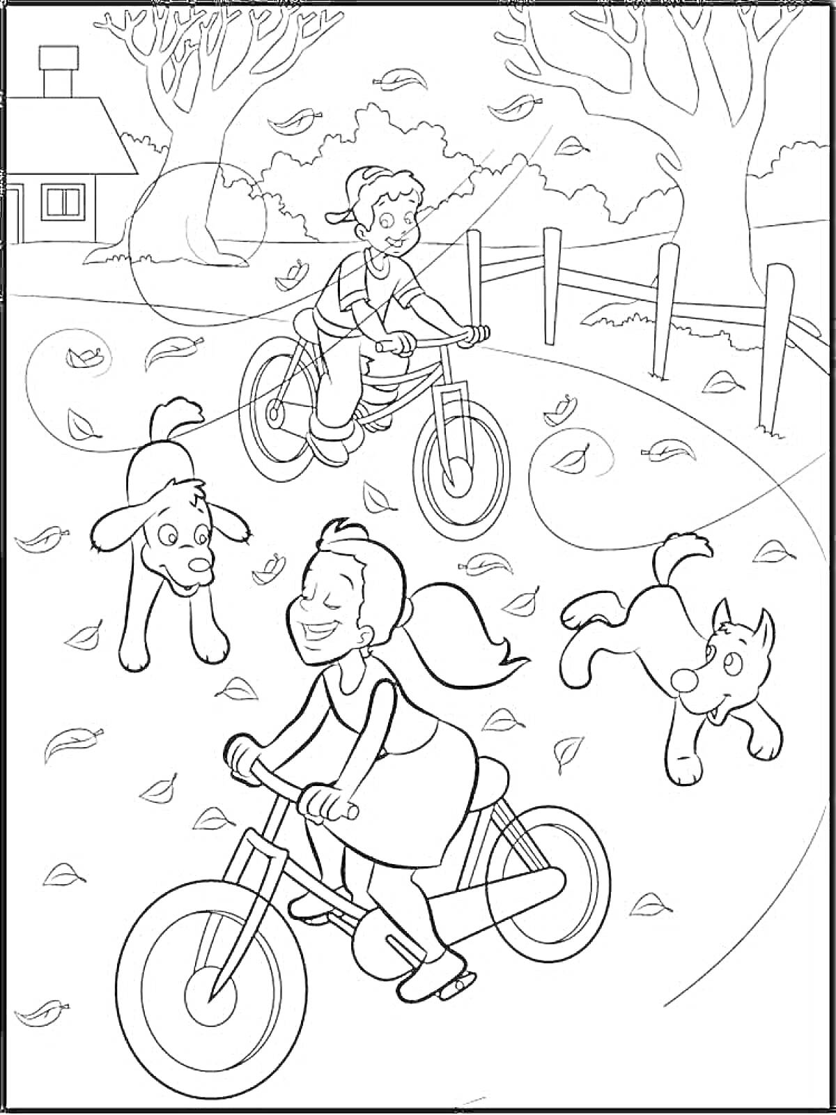 Раскраска Дети катаются на велосипедах в парке с собакой и котёнком