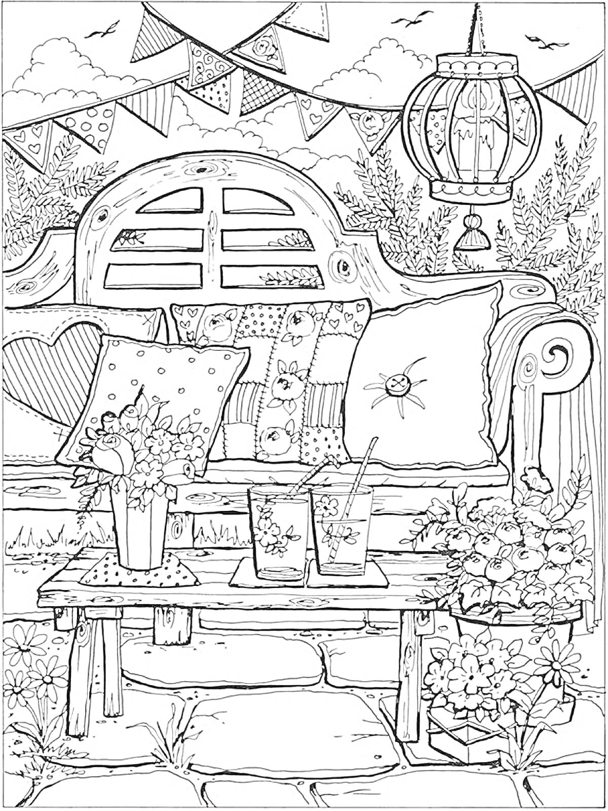 Раскраска Уютный уголок с лавочкой, подушками, столиком, напитками, цветами, фонариком и флажками