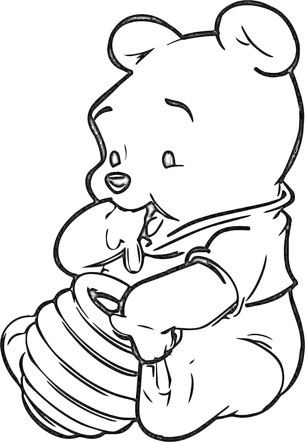 Раскраска Мишка в одежде с бочонком меда в руках