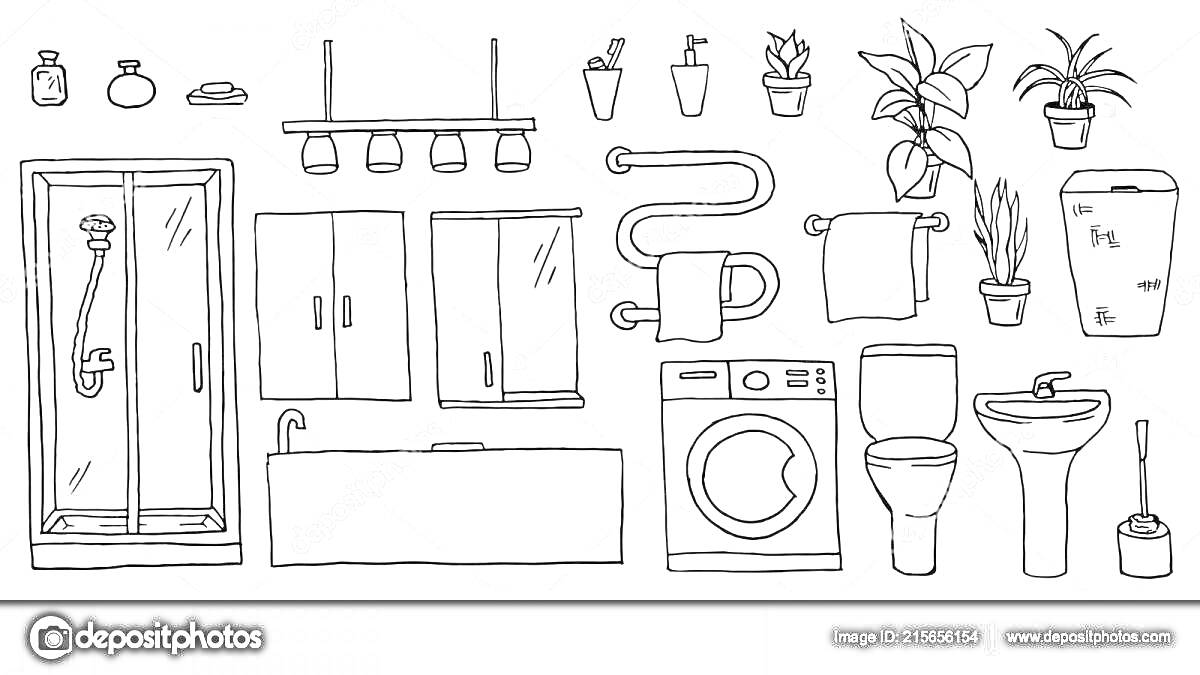 Раскраска ванная комната с душевой кабиной, шкафчиками, зеркалом, раковиной, унитазом, стиральной машиной и домашними растениями