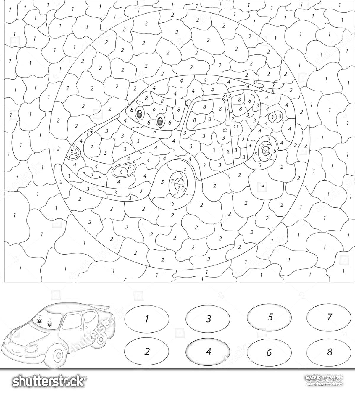 Раскраска Раскраска по цифрам с изображением улыбающегося автомобиля.