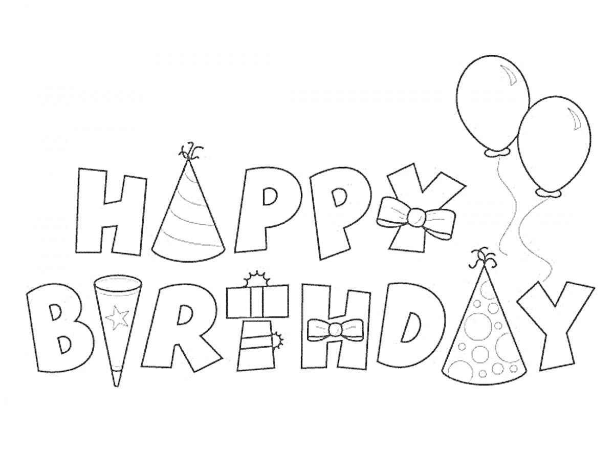 На раскраске изображено: День рождения, HAPPY BIRTHDAY, Воздушные шары, Колпаки, Подарки, Поздравительная открытка, Праздники