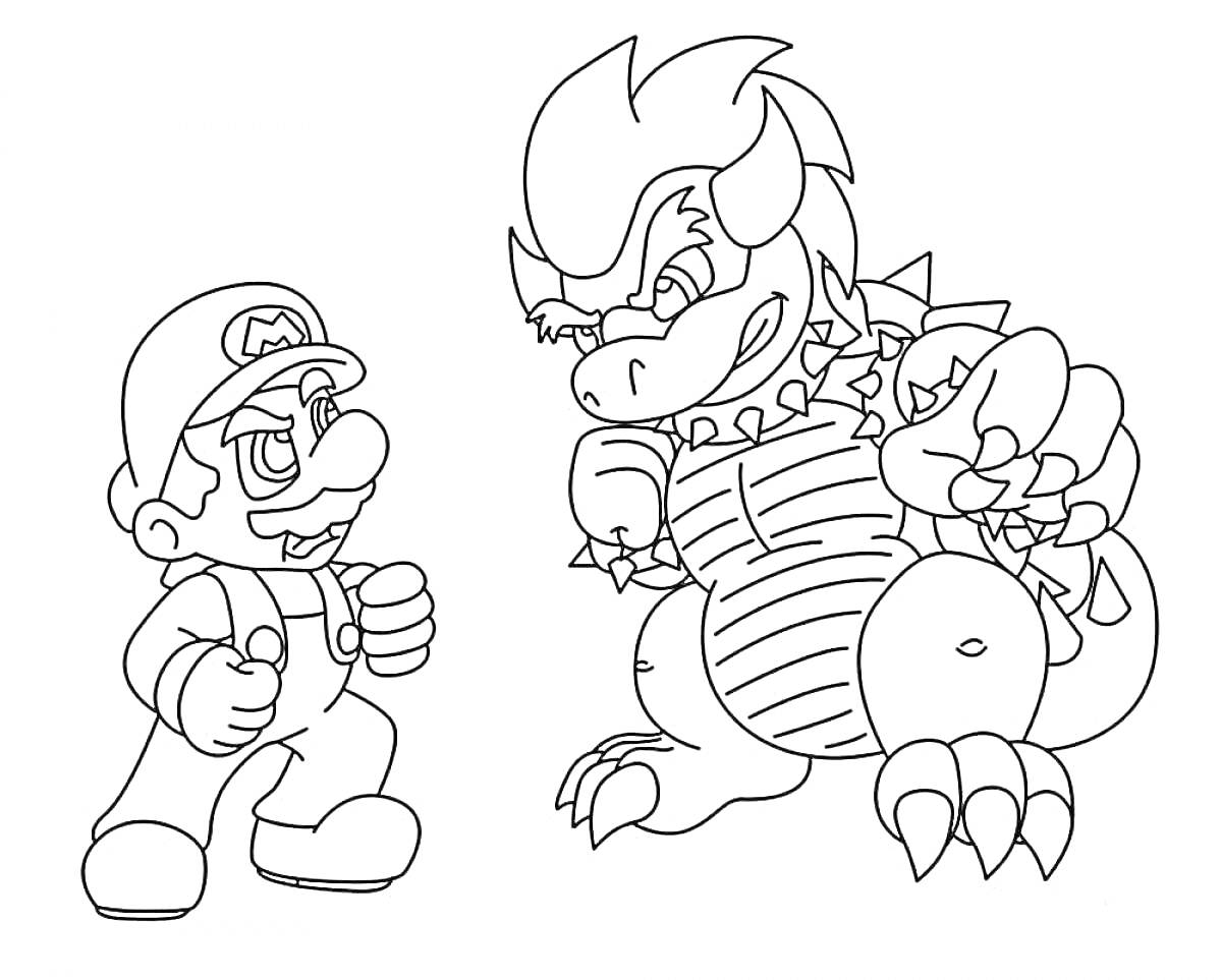 Раскраска Марио против Боузера - Марио и Боузер в боевой стойке