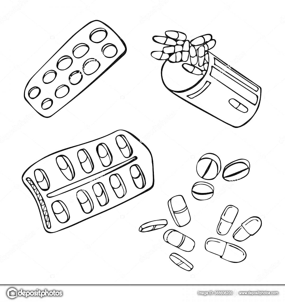 Раскраска Блистеры и баночка с таблетками, рассыпанные таблетки и капсулы
