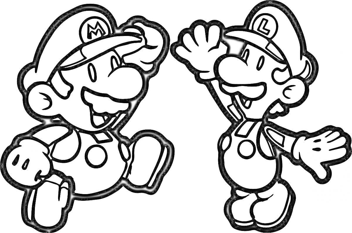 Марио и Луиджи в радостных позах, Марио поднимает шляпу, Луиджи машет рукой