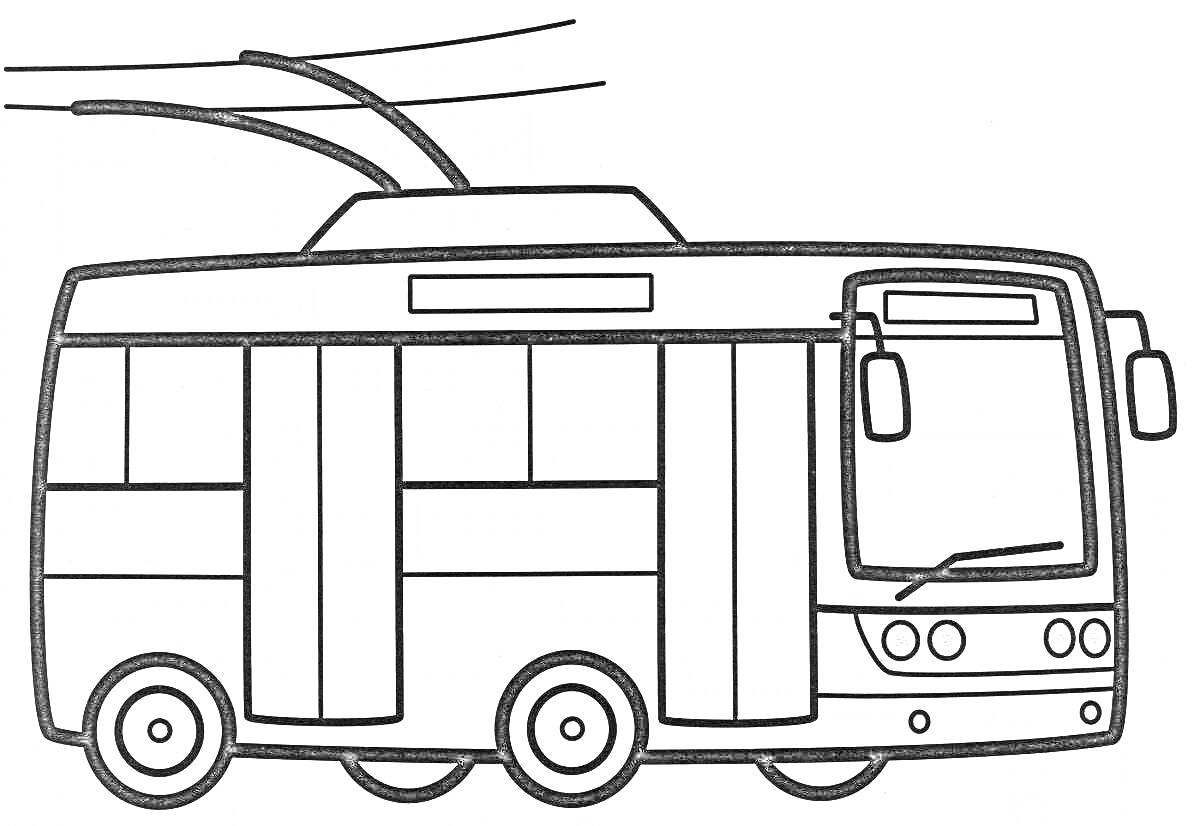 На раскраске изображено: Троллейбус, Городской транспорт, Колёса, Окна, Провода, Транспорт