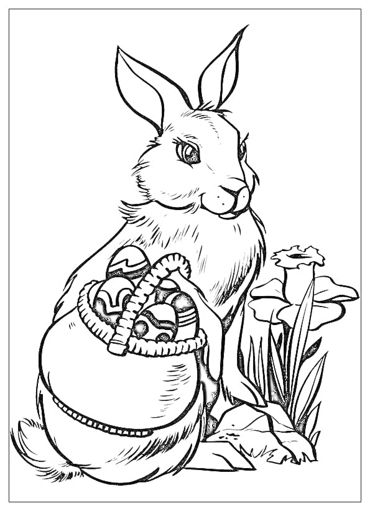 На раскраске изображено: Кролик, Корзина, Яйца, Пасха, Цветы, Трава, Природа