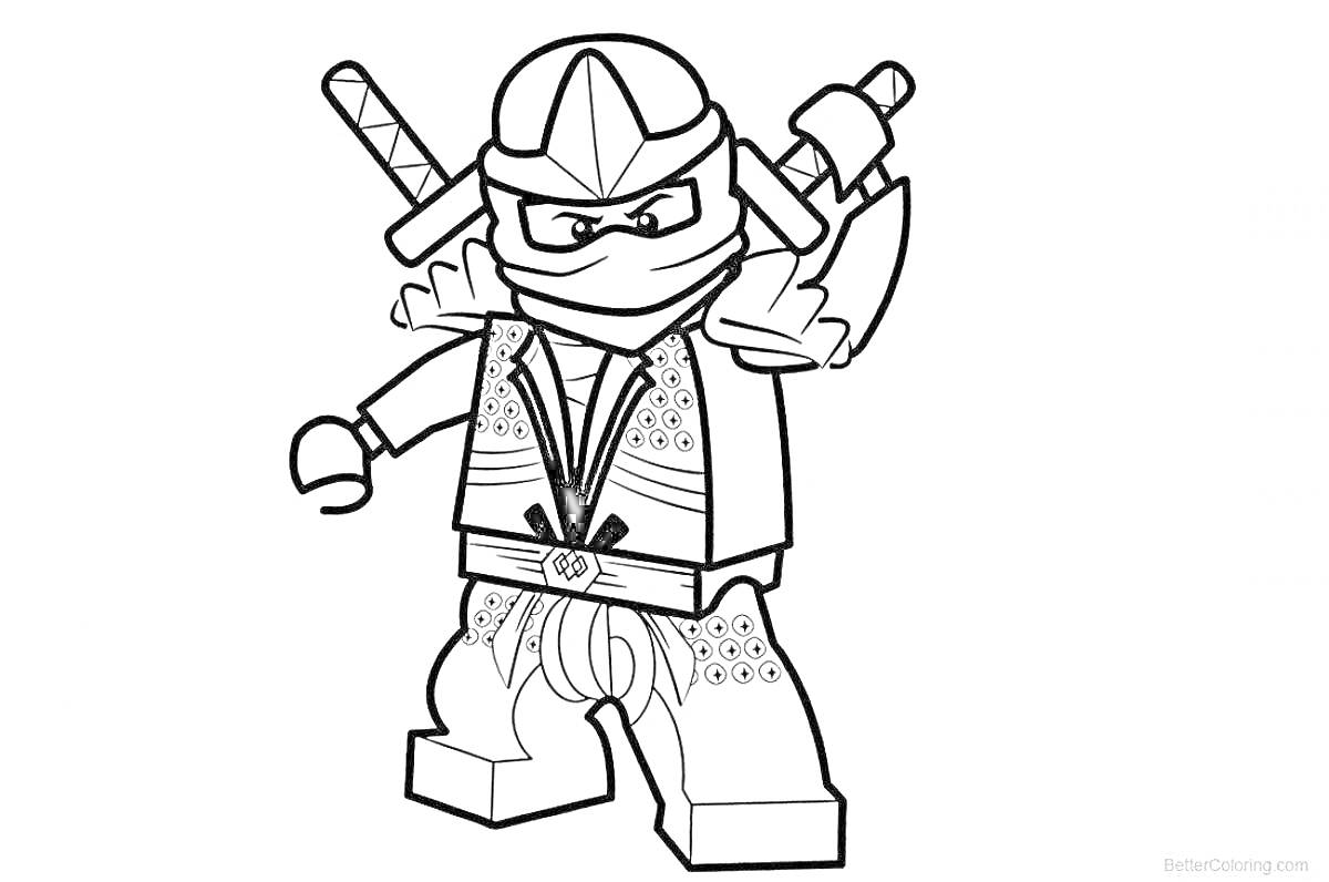Раскраска Ллойд в костюме ниндзя с двумя мечами за спиной, маской на лице и защитной броней