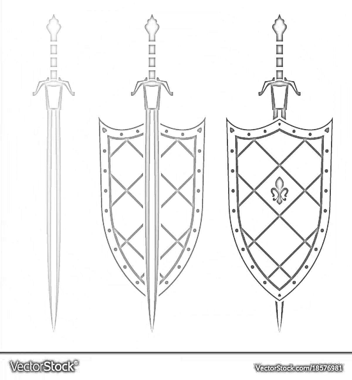 Раскраска Мечи и щиты с орнаментом и узором