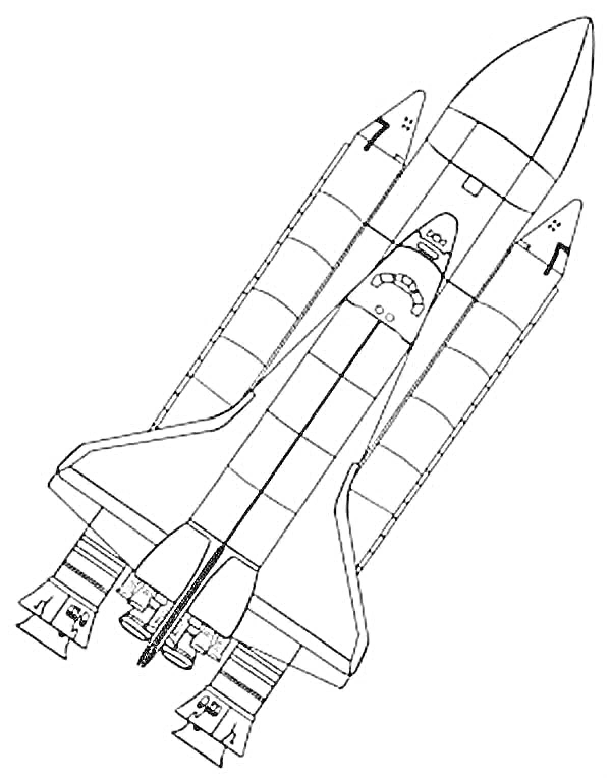 На раскраске изображено: Шаттл, Космический корабль, Космос, Ракета, Техника