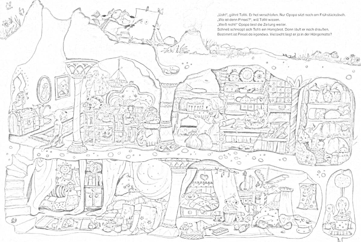 Раскраска Жизнь в подземных пещерах: дома, звери и хораккасы в тёмных туннелях с поклажей и мебелью