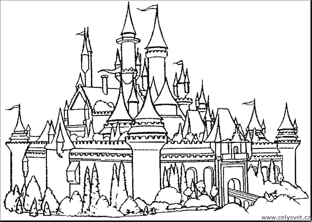 Раскраска Замок с множеством башен, флажками, входной аркой, мостом и окружающими деревьями и кустами.