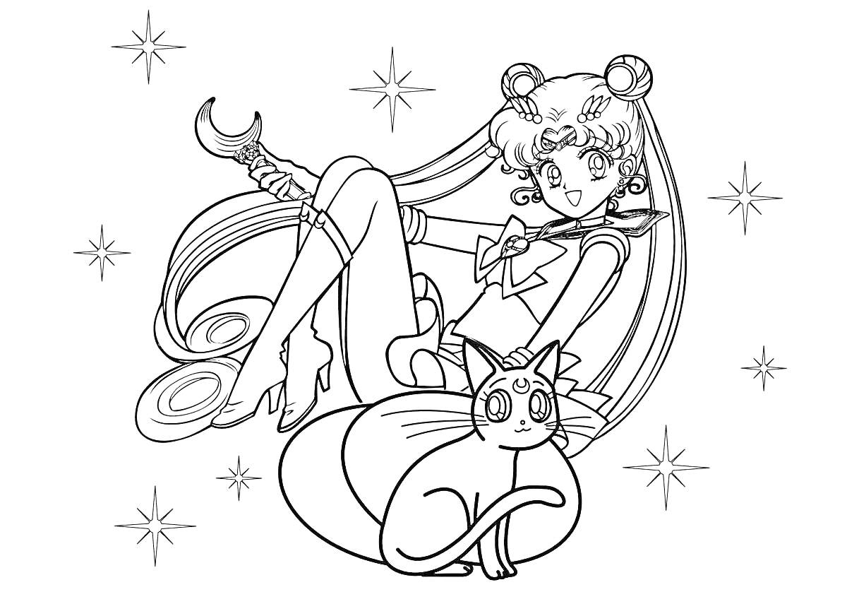 Раскраска Девочка с кошкой и звездочками, держащая волшебную палочку в форме полумесяца