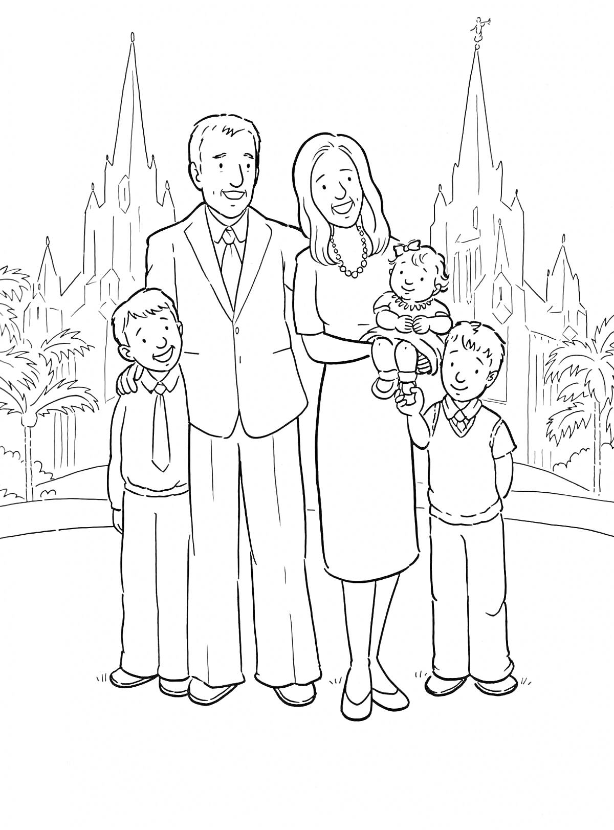 Раскраска Семья из пяти человек на фоне собора. Отец, мать, трое детей, пальмы, собор на заднем плане