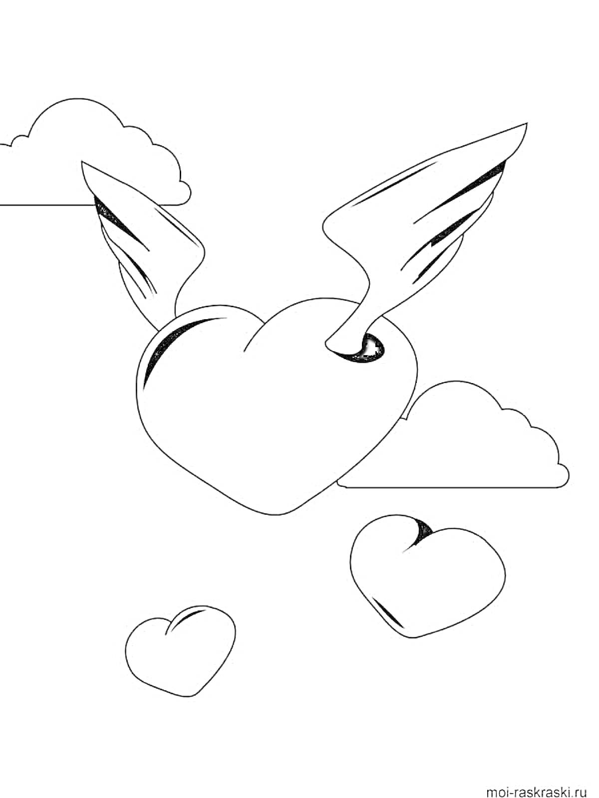Раскраска Летающее сердце с крыльями и облака