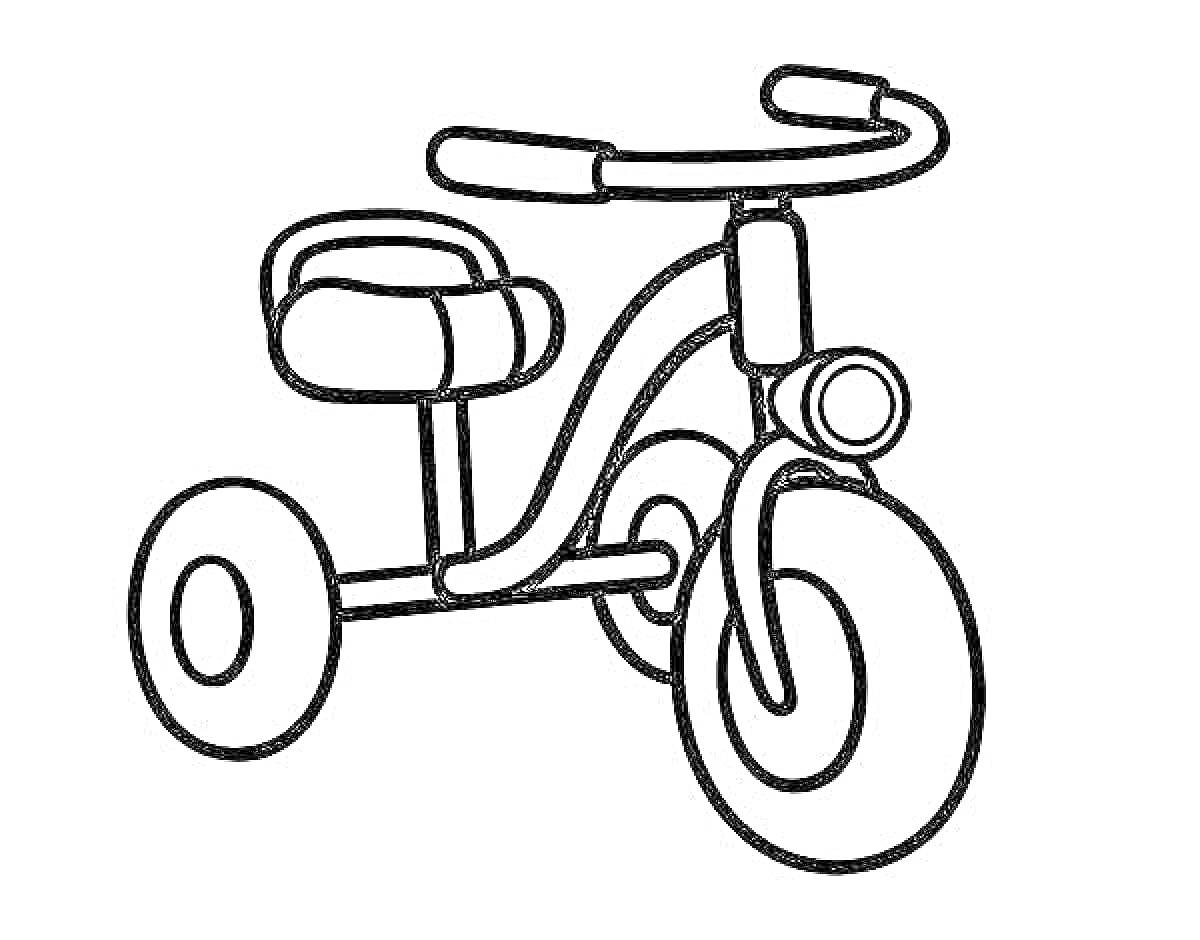 На раскраске изображено: Велосипед, Трехколесный, Руль, Педали, Транспорт, Детский транспорт