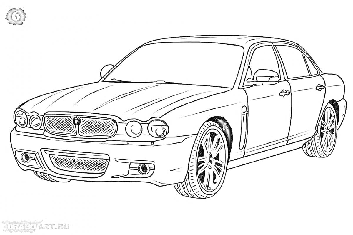 Раскраска Раскраска машины Jaguar с четырьмя дверями, передней решеткой радиатора, передними фарами, боковыми зеркалами, колесными дисками и шинами