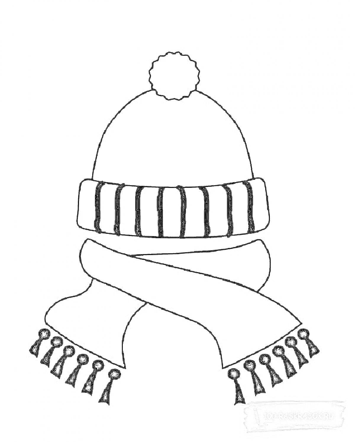 На раскраске изображено: Зимняя шапка, Шарф, Кисточки, Одежда для зимы, Тепло