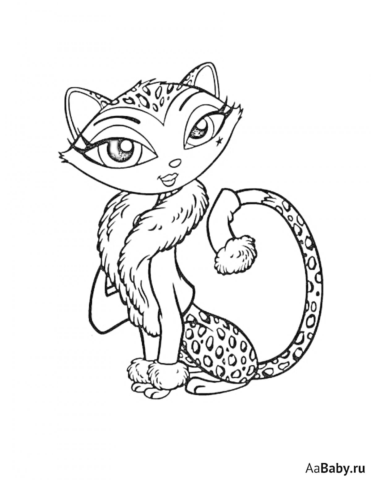 Раскраска Кошечка с пушистым воротником, наручами и хвостом с кисточкой