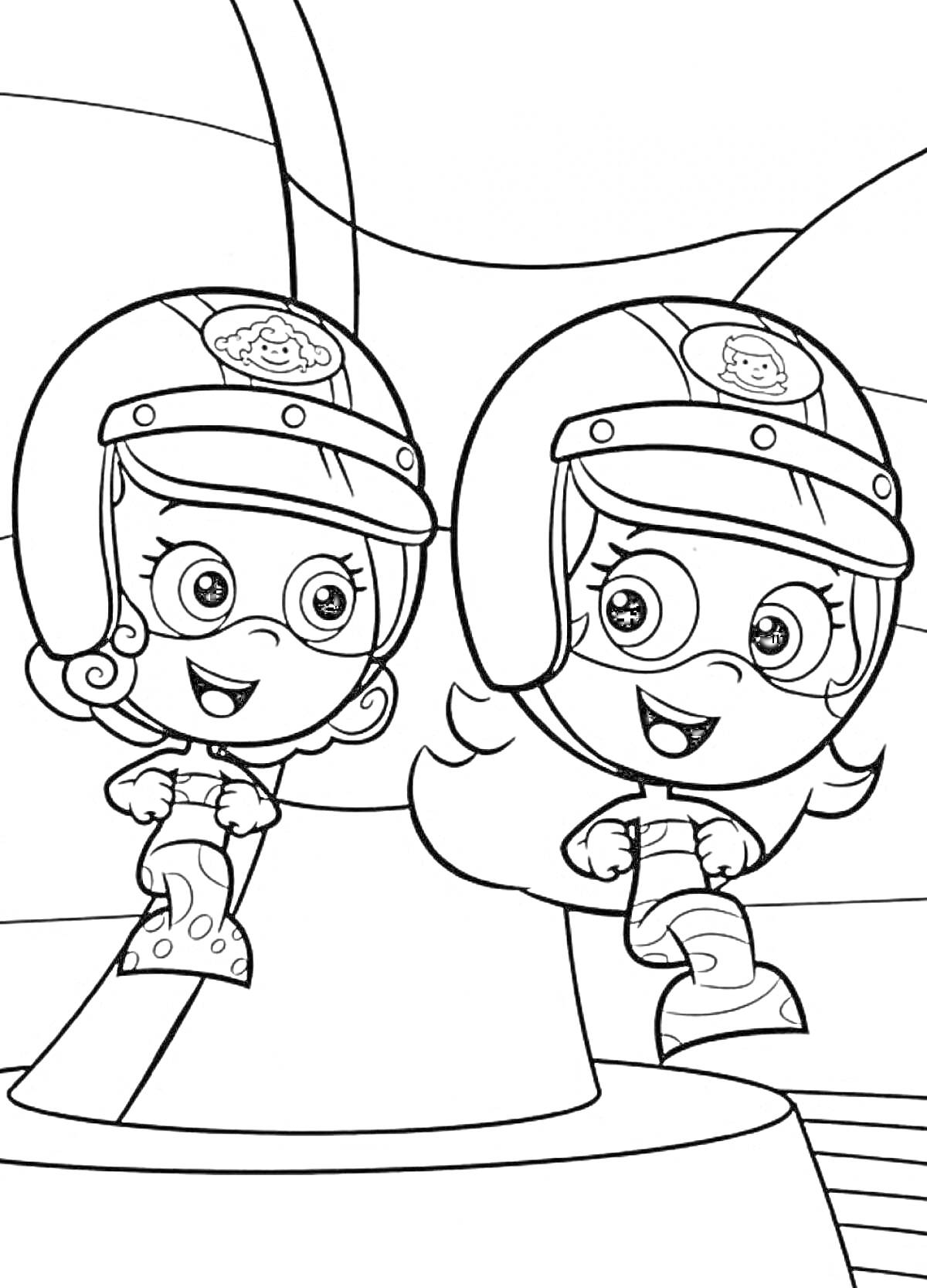 Две девочки-гуппи в шлемах на фоне подводной лодки