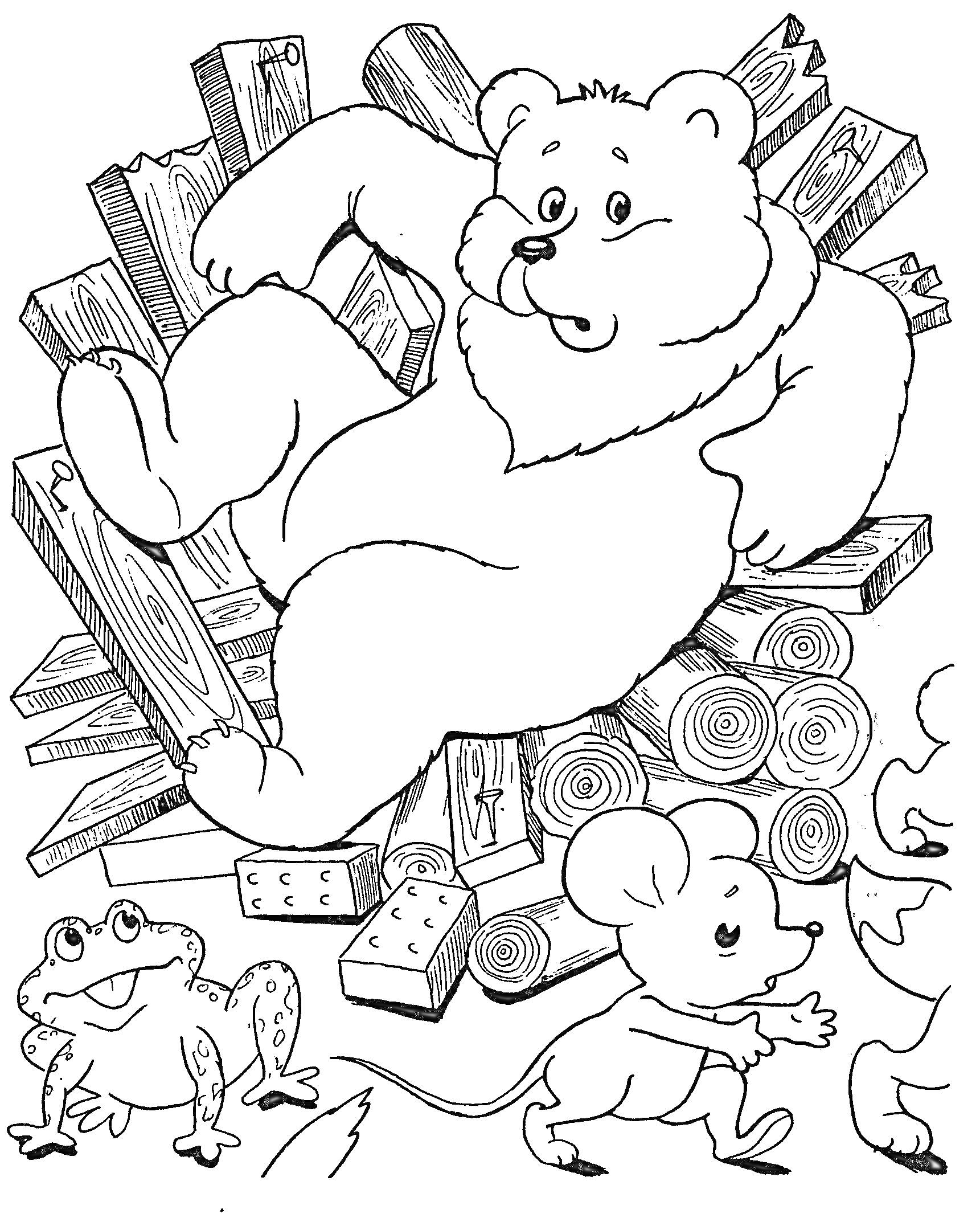 Раскраска Медведь, мышка, лягушка возле разрушенного теремка из бревен и кирпичей