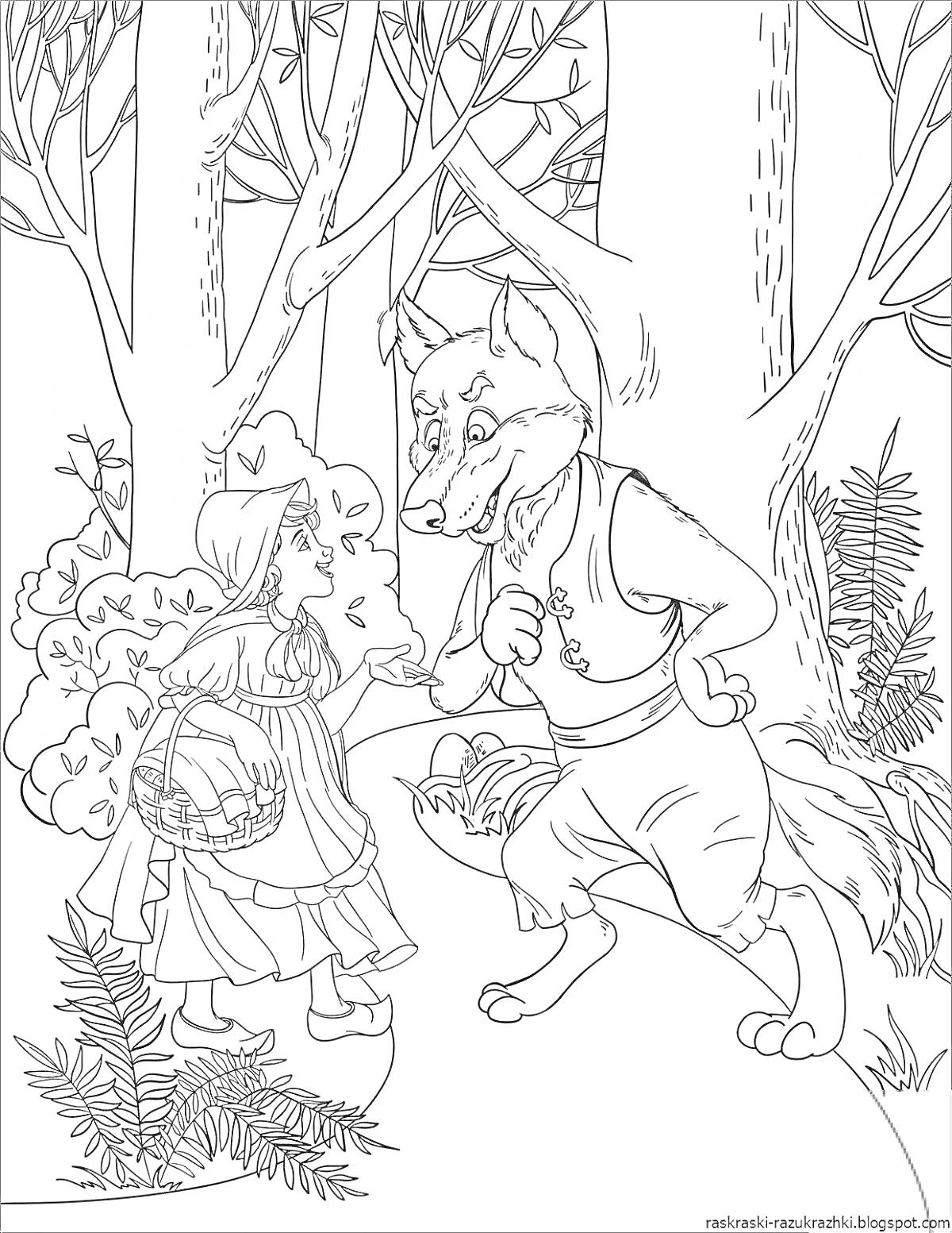На раскраске изображено: Красная Шапочка, Серый волк, Лес, Деревья, Корзина, Кусты