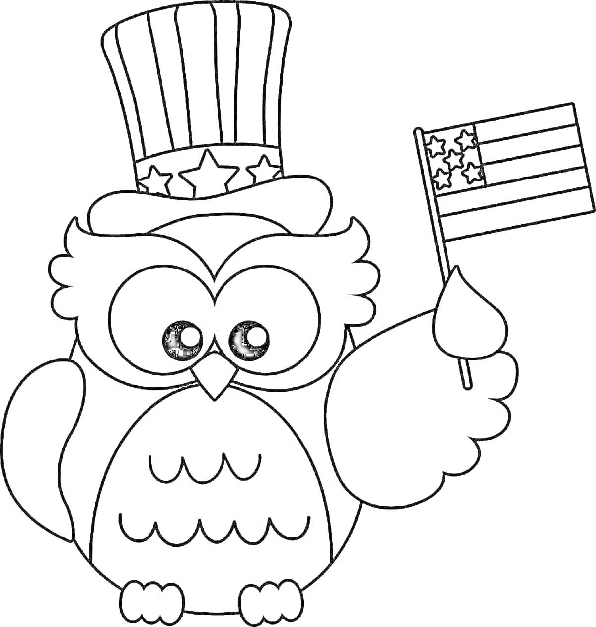 На раскраске изображено: Сова, Американский флаг, Патриотизм, Птица, Для детей, Символы