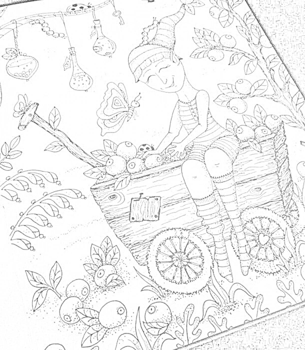 На раскраске изображено: Девочка, Шапка, Бабочка, Листья, Плоды, Яблоко, Телега