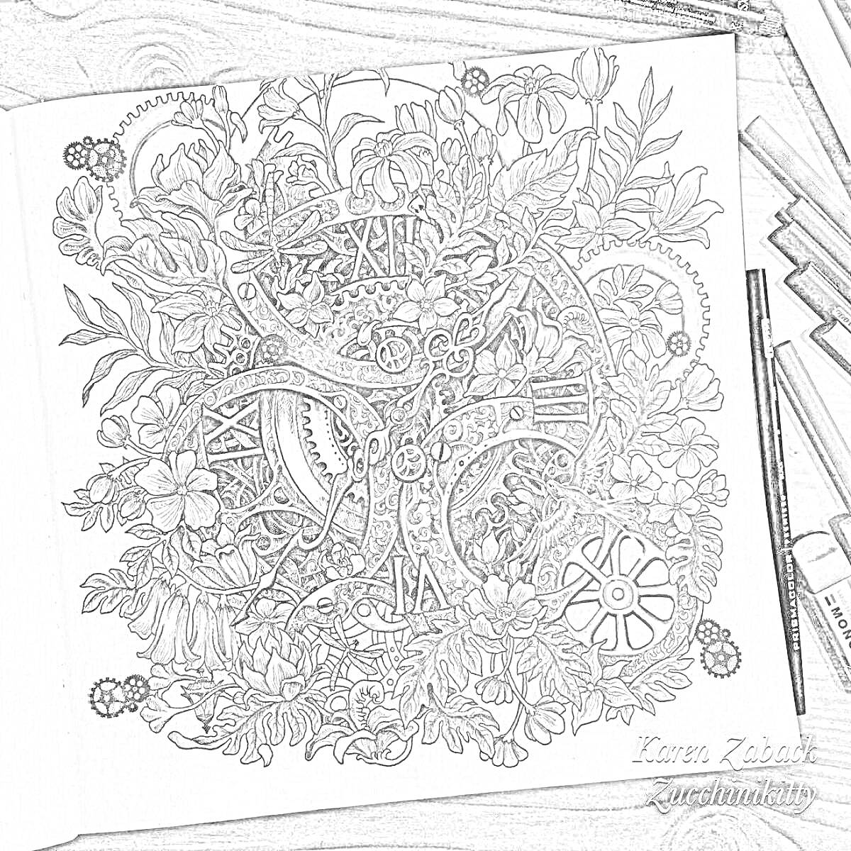 На раскраске изображено: Шестеренки, Цветы, Листья, Механизмы, Природа