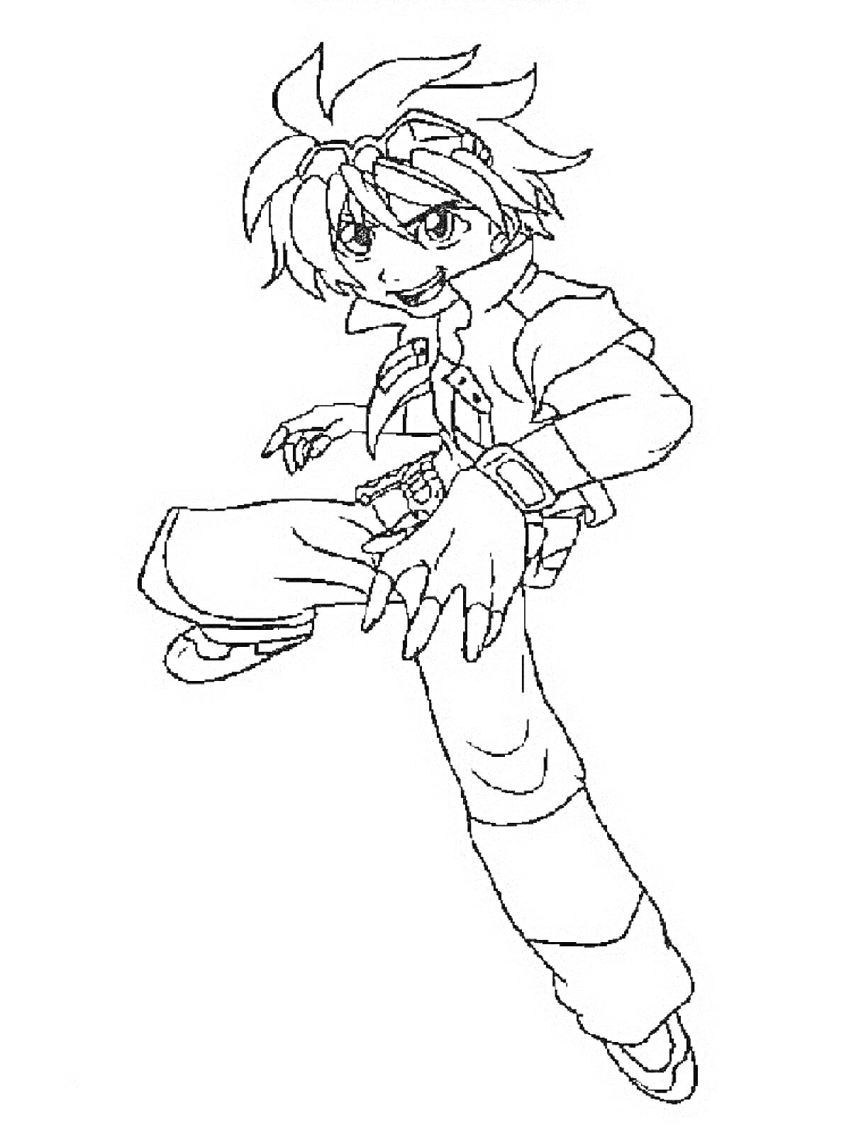 Раскраска Чертеж персонажа Бакугана в боевой позе с поднятой ногой и вытянутыми руками