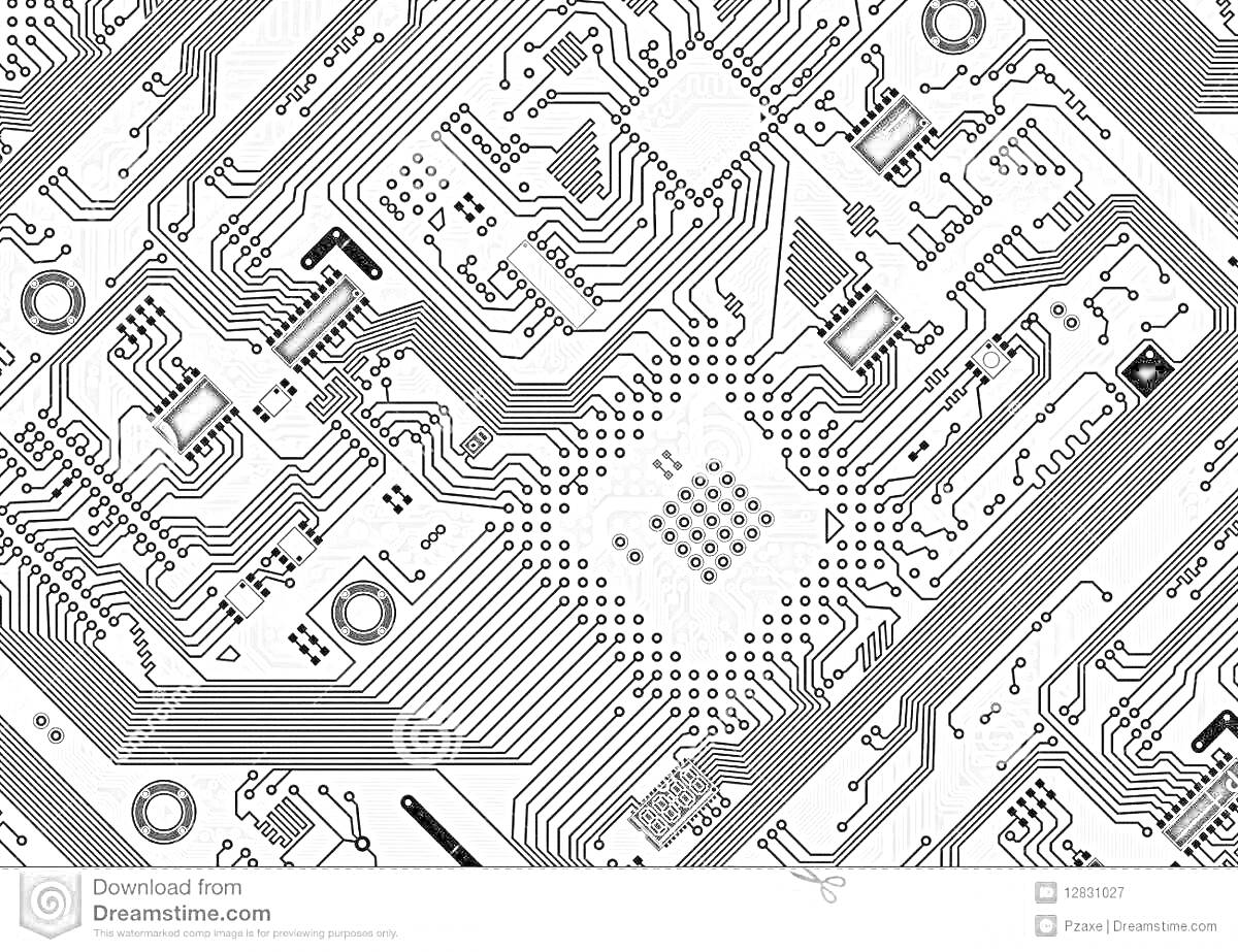 Раскраска Печатная плата с микросхемами, дорожками и контактами