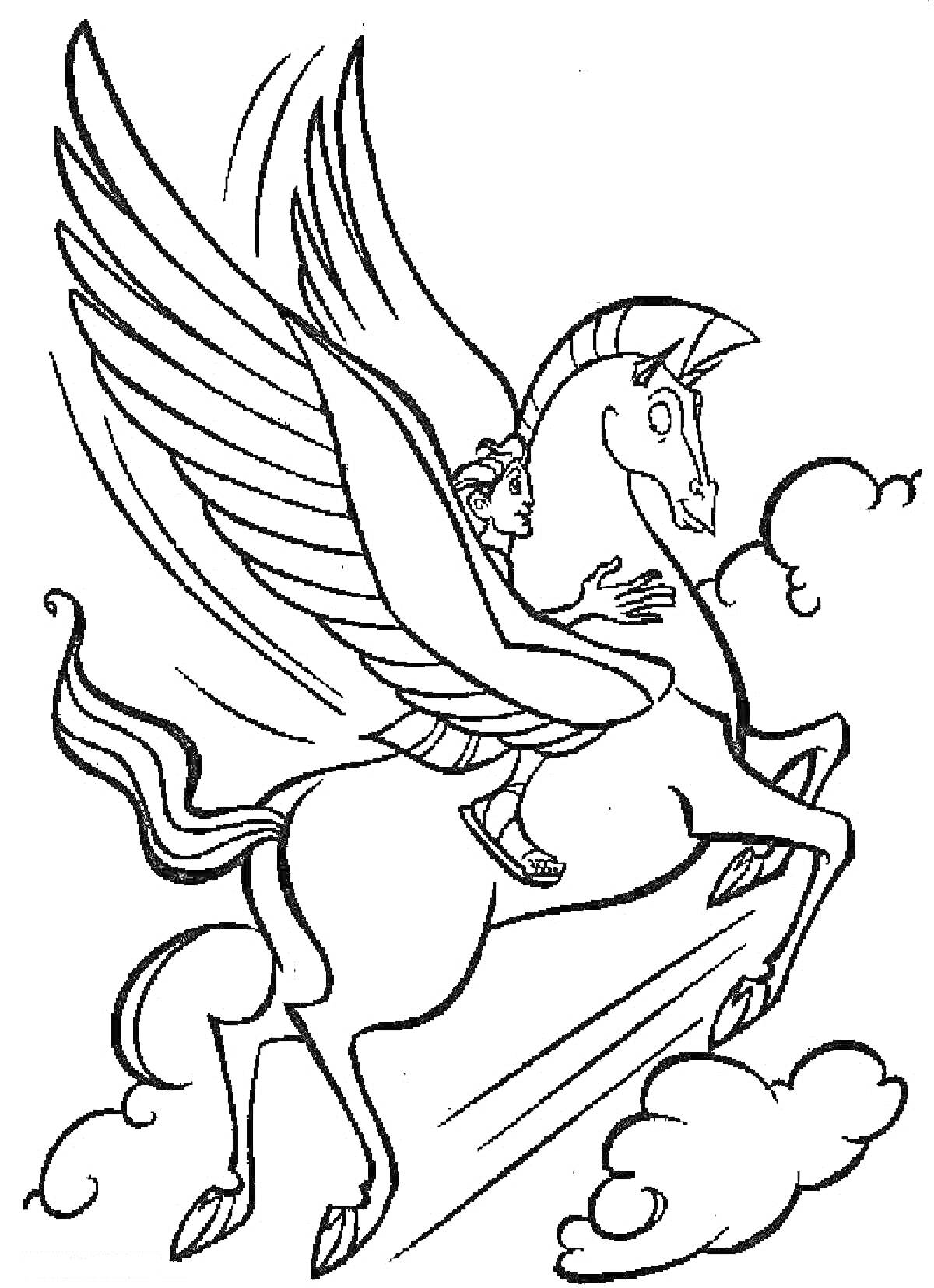 На раскраске изображено: Пегас, Крылья, Всадник, Лошадь, Полет, Облака, Мифические существа