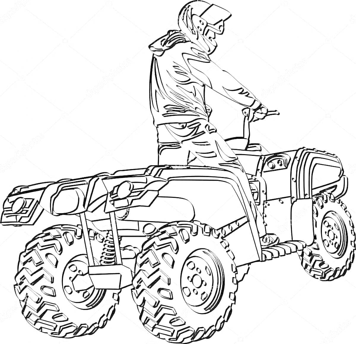 На раскраске изображено: Человек, Квадроцикл, Защитный шлем, Одежда, Бездорожье, Активный отдых