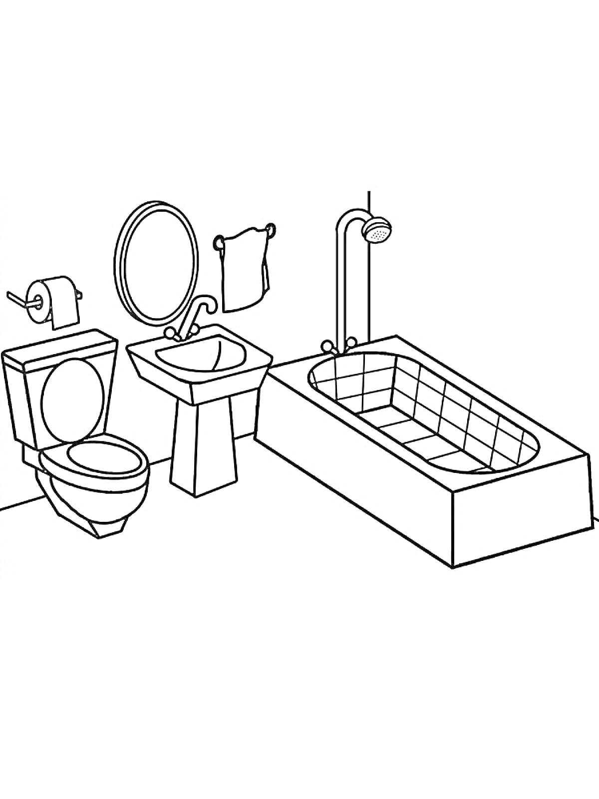 Раскраска Ванная комната с туалетом, умывальником, зеркалом, полотенцем, дверным крючком, держателем туалетной бумаги и душевой ванной.
