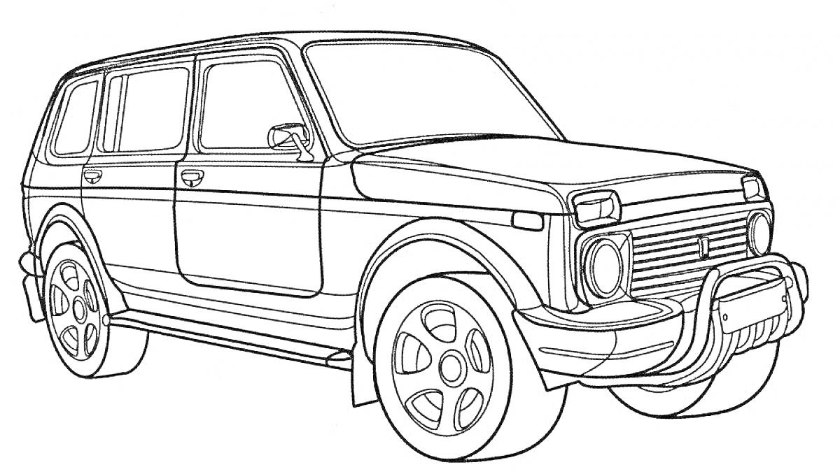 Раскраска Лада Нива с боковым видом, вид спереди и сбоку, видны окна, двери, колеса, решетка радиатора и передний бампер.