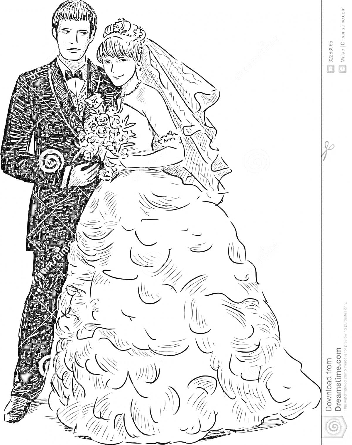 На раскраске изображено: Невеста, Жених, Свадьба, Свадебное платье, Букет цветов, Вуаль