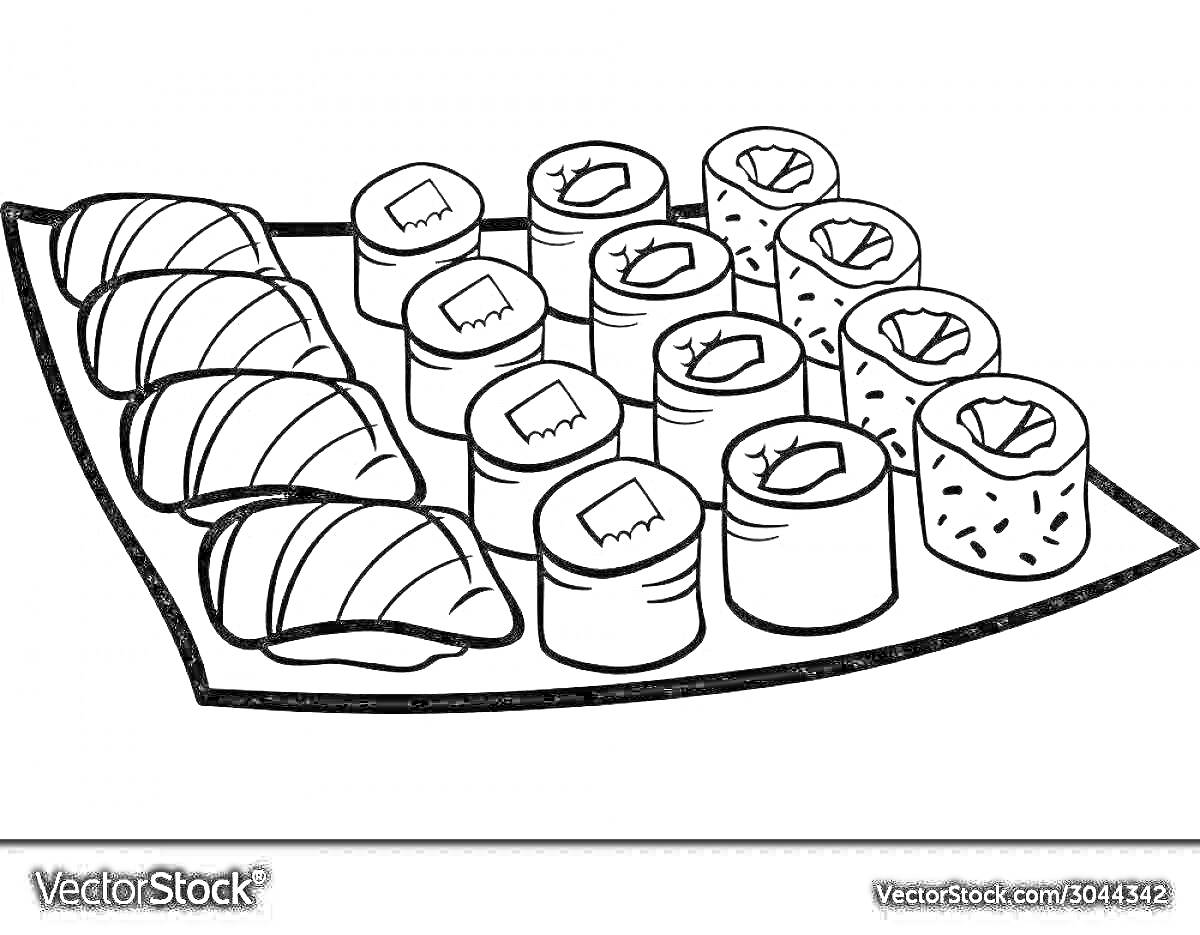 Раскраска Ассорти из суши и роллов на тарелке