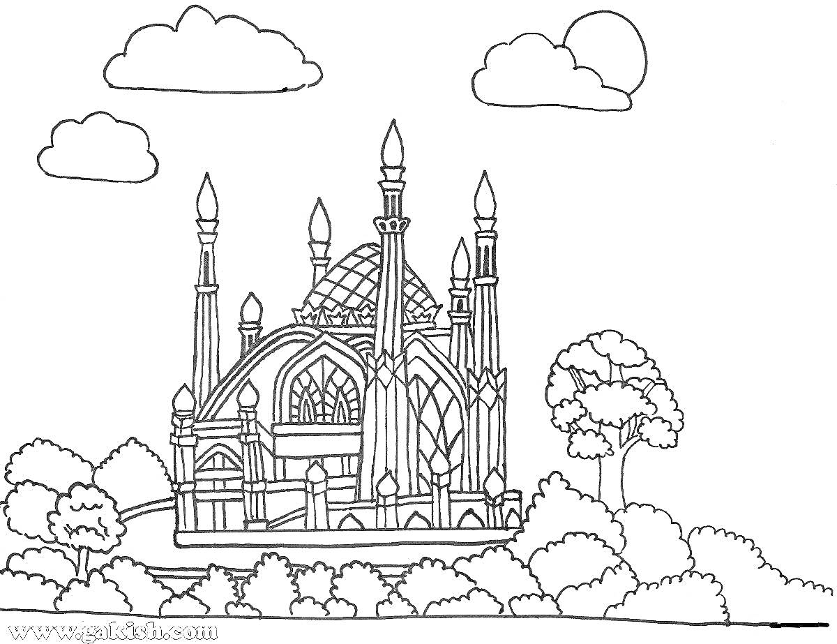 Раскраска Здание с архитектурными элементами на фоне деревьев и облаков
