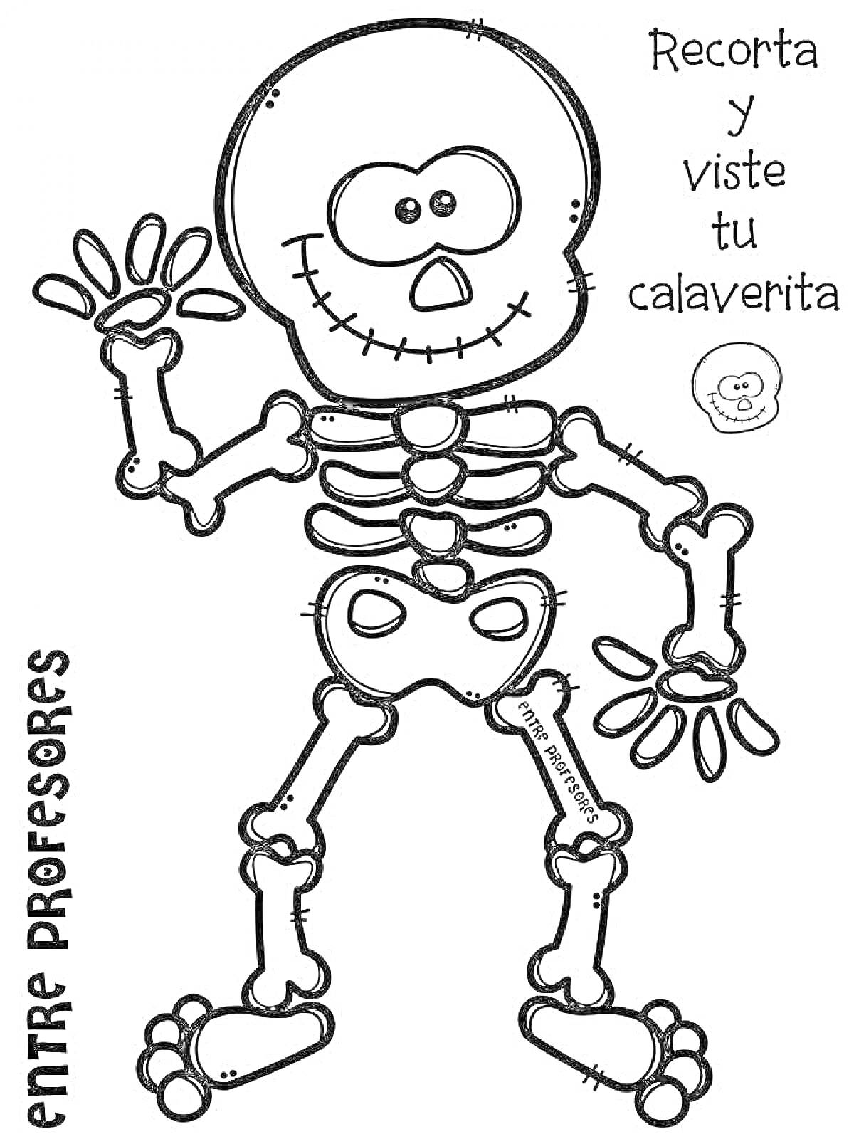 Раскраска Скелет в полный рост с поднятой рукой и надписью 