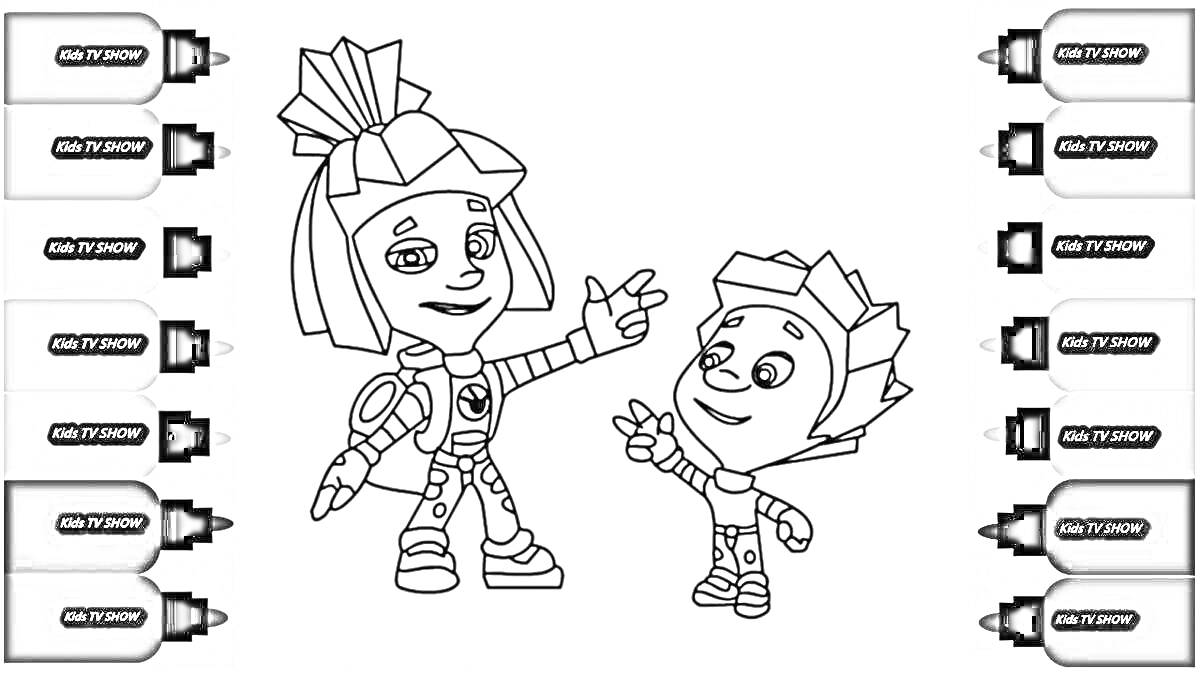 Два персонажа из Симки с маркерами для раскрашивания