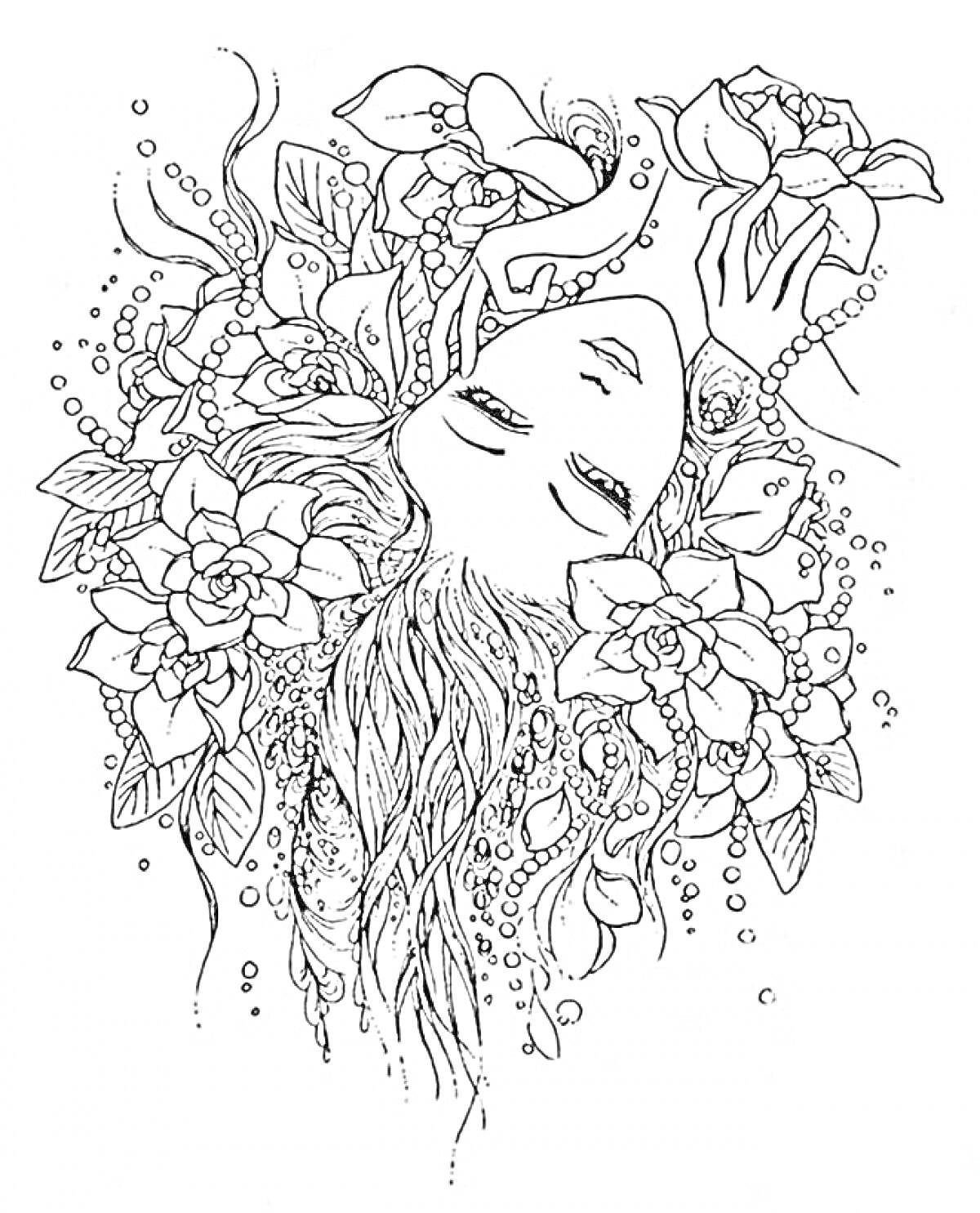 Раскраска Девушка с цветами и косой, украшенная бусинами и листочками